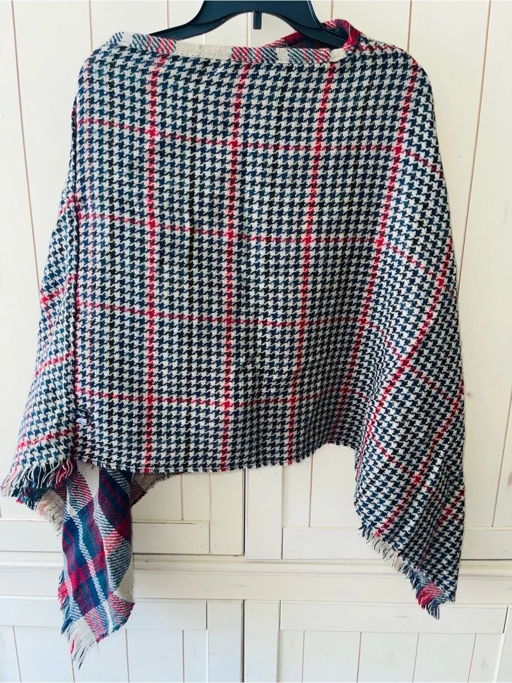 Reversible Plaid Fringe Poncho - Red, Navy & Cream Shawl O/S